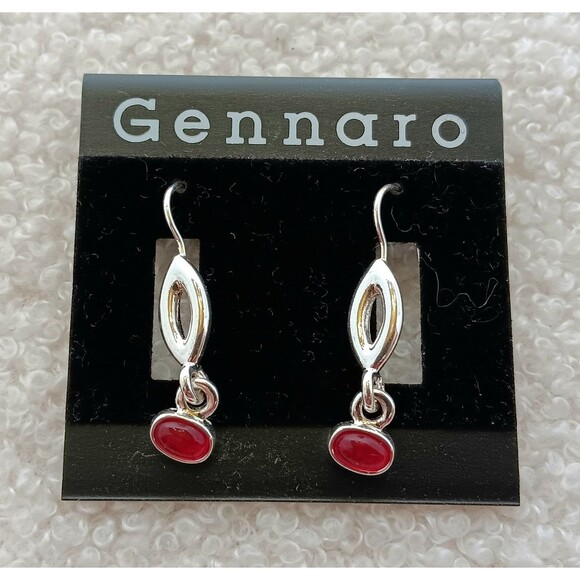 Gennaro Silvertone Red Glass Cabachon Dangle Earrings 1.5 in NWT - Picture 1 of 11